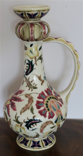 Zsolnay Pece Art Pottery Pitcher with Floral Decoration - Measuring 11 3/4" Tall 