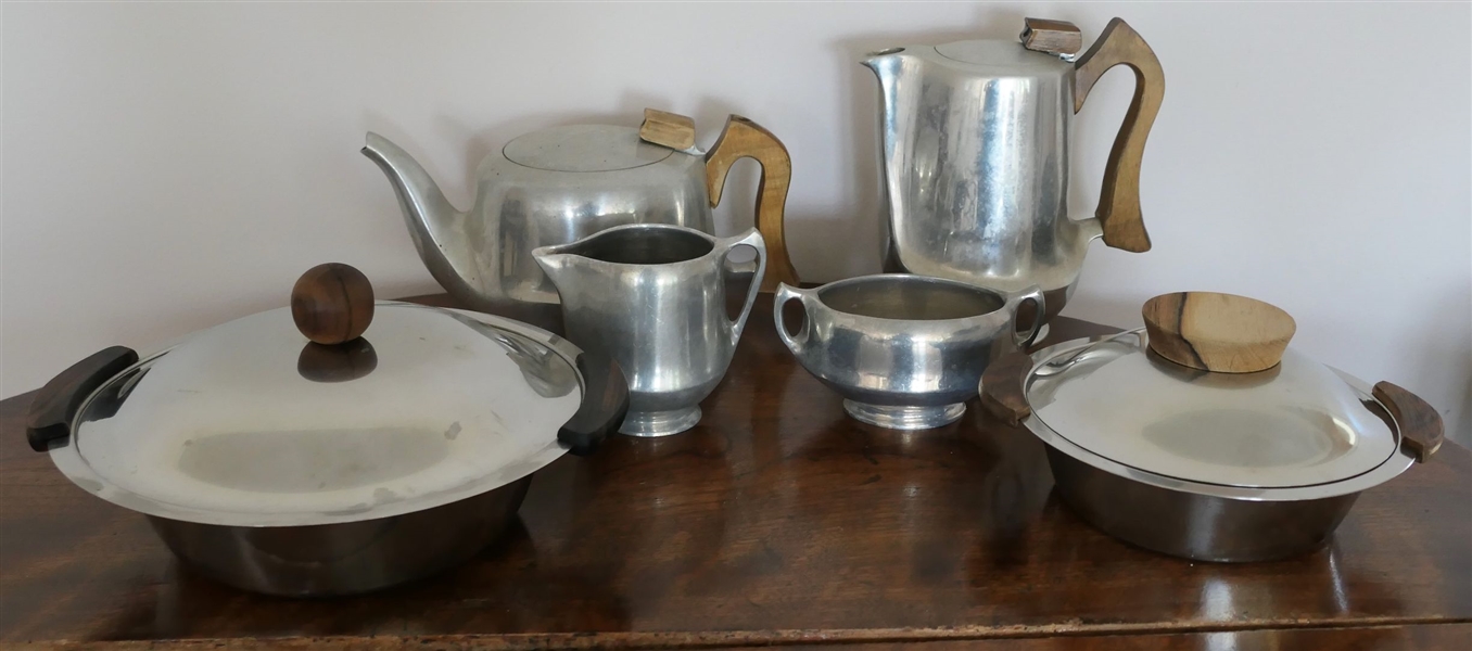 6 Pieces of Wood Handled Pewter and Stainless - Denmark and England - English Cream and Sugar, Piquant Ware Tea Pots - Made in England