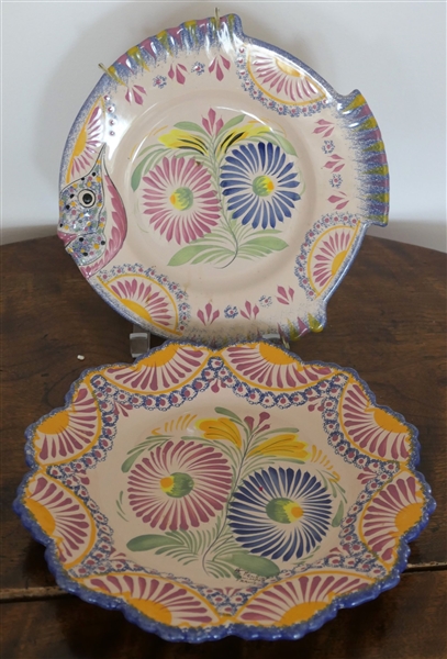 2 - Quimper France Plates - 9 3/4" Fish Plate and 10 1/4" Flower Plate