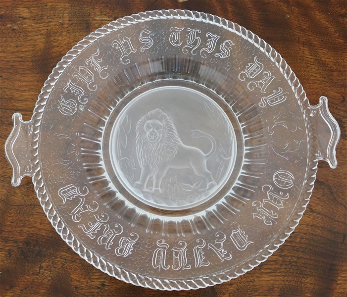 "Give Us This Day Our Daily Bread" Plate with Satin Glass Lion in Center - Measures 12" Handle to Handle 10 1/2" Across