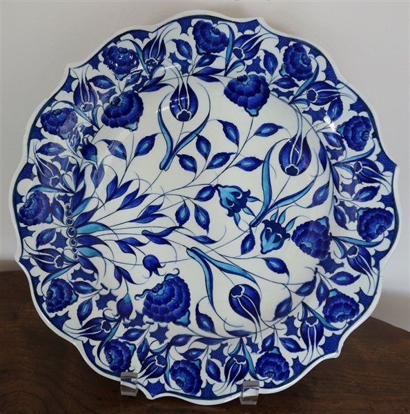 Hand Made Turkish Pottery Charger with Blue Decoration - Measuring 12" Across - Small Glaze Flakes Around Outer Rim 