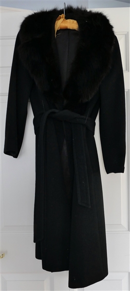 Lorendale Black Cashmere Belted Coat with Black Fur Collar 