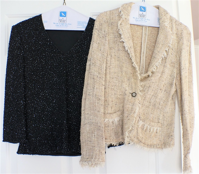 Barneys New York Tan Tweed Jacket - Made in Italy - Size 42 and Black Heavily Beaded Top 