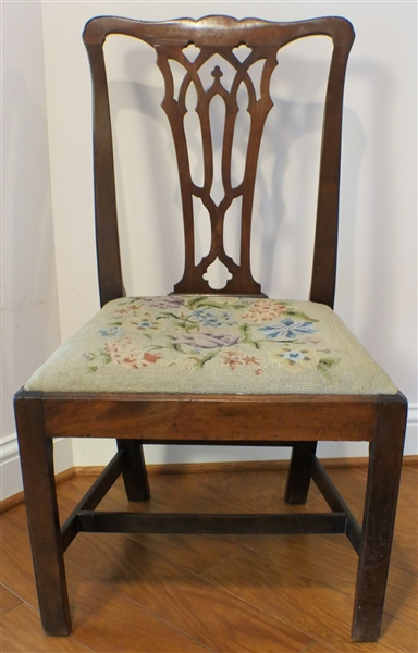 Early Pegged Chippendale Side Chair -Chamfered Legs - Floral Needle Point Set  - Measures 37" tall 21 1/2" by 16" 