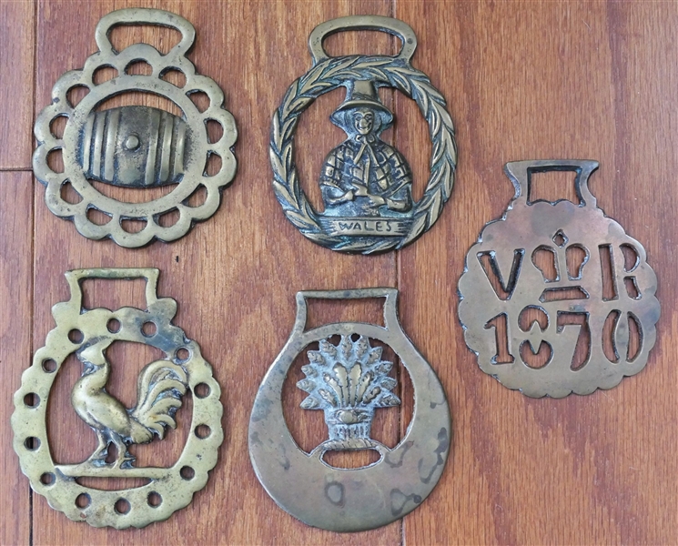 5 Horse Brasses - Rooster, Wheat, Barrel, and 1870