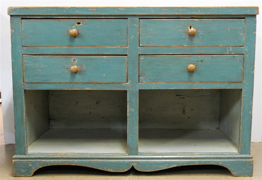 Blue Painted Country Kitchen Island - Finished on All Sides Paneled Sides and Back - Natural Wood Top - 4 Drawers Over 2 Cubbies  -Measures 34" tall 48" by 24"