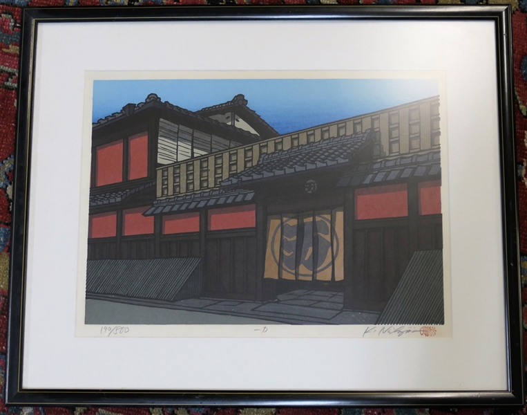 Pencil Signed and Numbered 190/500 Wood Block Print "Ichiriki Tea House" by Nishijima Katsuyki - Framed and Matted - Frame Measures 18 1/2" by 23"
