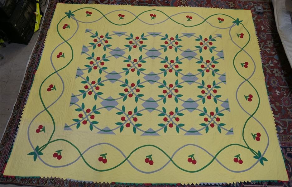 Pennsylvania Hand Stitched Applique Quilt - Cherry Design - Measuring 90" by 75" - Very Clean - Bright Colors - 