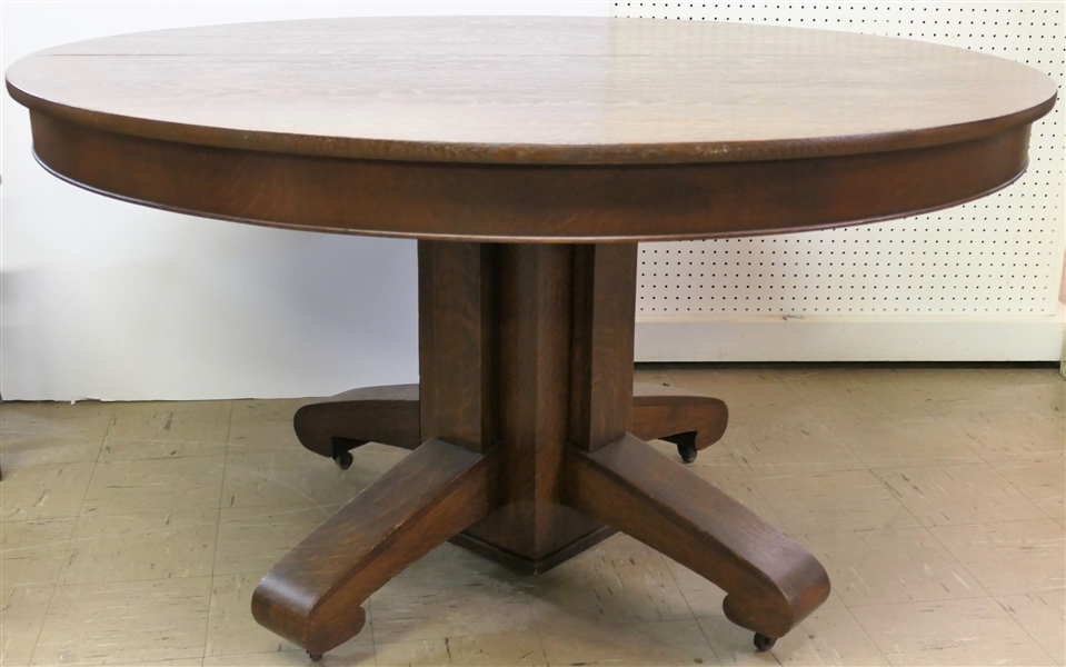 Beautiful Round Mission Oak Dining Table - Pedestal Base - Original Finish - Tiger Oak -  With 2 Leaves and Table Pad - Table Measures 30" tall 54" Across - Leaves Each Measure 11" 