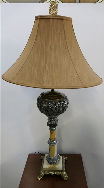 Ornate Marble and Zinc Duplex Banquet Lamp - Stone Base and Pedestal - Dolphin Feet - Stone at Base is Damaged - Nice Oblong Shade - Measures 29" to Bulb 