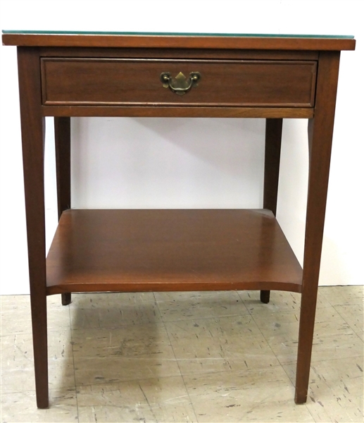 Cherry End Table with Drawer - Chamfered Legs - Glass Top - Measuring - 29" tall 23" by 19" 