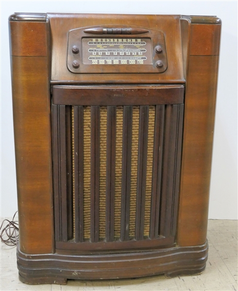 Philco Model 47-1230 -  Floor Model Radio with Tilt Out Record Player - Wood Case - FM - Short Wave - Standard - Case Measures 38" tall 27 1/2" by 14" 