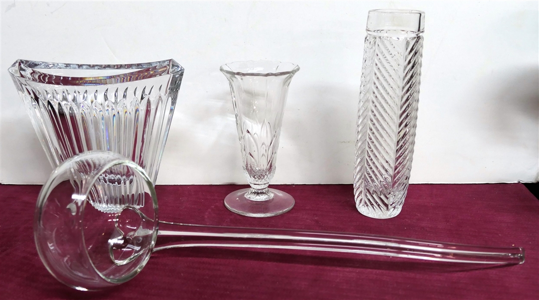 3 Crystal Vases and Crystal Punch Ladle - Chevron Ribbed Vase is Ralph Lauren - Measuring 7 1/2" - Other Ribbed Vase Has Some Chips