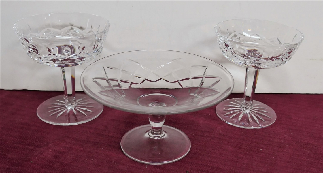 2 - Waterford Crystal "Lismore" Champagne Coupes and Unsigned Small Crystal Footed Dish - Champagnes Measure 4 1/4" Tall 4" Across