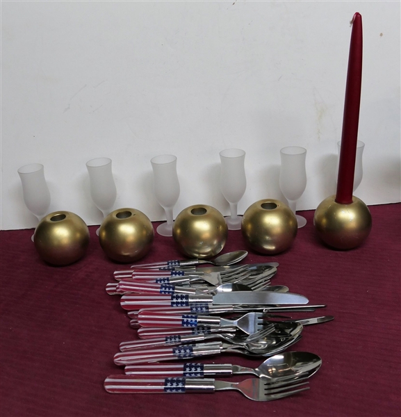 5 Gold Ikea Candle Holders, 5 Satin Glass Cordials, and 21 Pieces of Patriotic American Flag Flatware