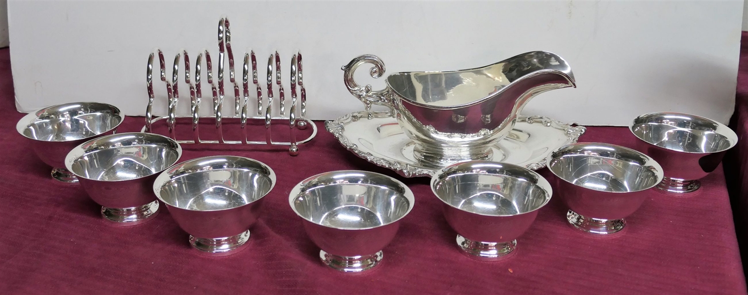 7 Reed & Barton Silverplate Revere Condiment Bowls, Silver Plate Toast Holder, and Silver on Copper Gravy Boat with Underplate