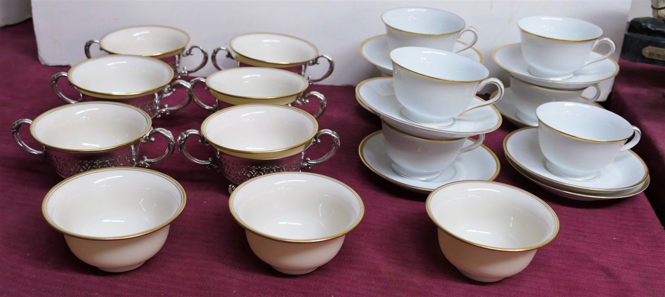 6 Silverplate Bullion Cups with Lenox China Liners - Plus 3 Extra Lenox Liners and 7 Noritake "Patricia" Cup and Saucer Sets with 1 Extra Saucer