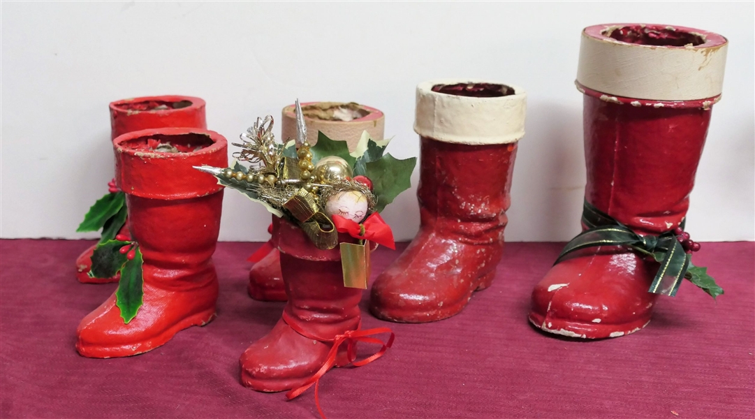 Collection of Vintage 1920s - 1930s Paper Mache Santa Boots - Matching Pair with Holly 5" tall, Boot with Decorations Inside Measures 4" 