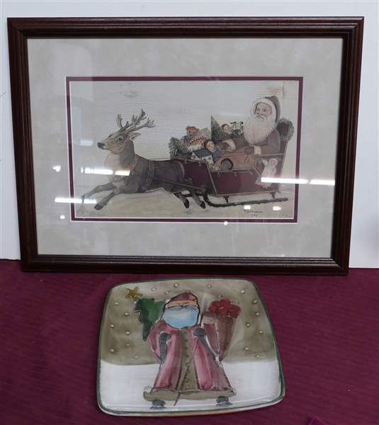 Vietri - Made in Italy Santa Plate - Measuring 8 1/2" by 8 1/2" and  Santa Sleigh Print - Double Matted - Frame Measures - 14" by 19"