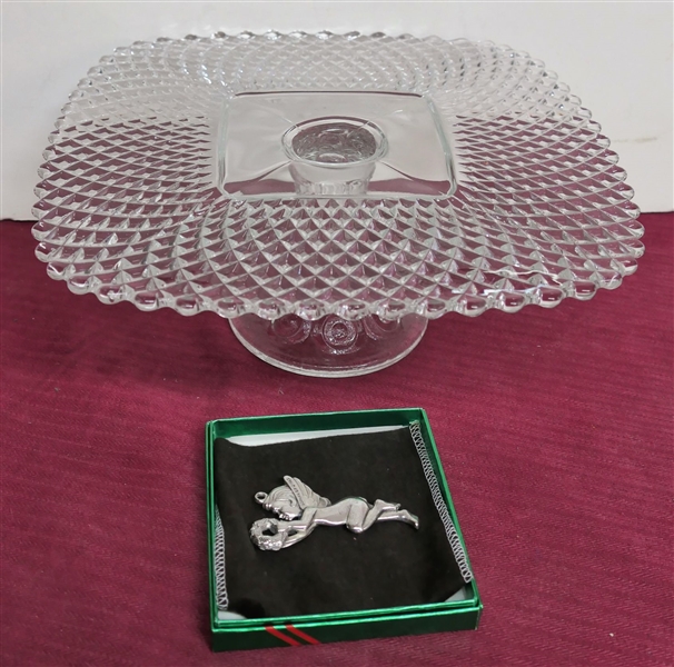 Nice Square Cake Stand with Decorated Pedestal and Gorham Angel Christmas Ornament - in Original Box 