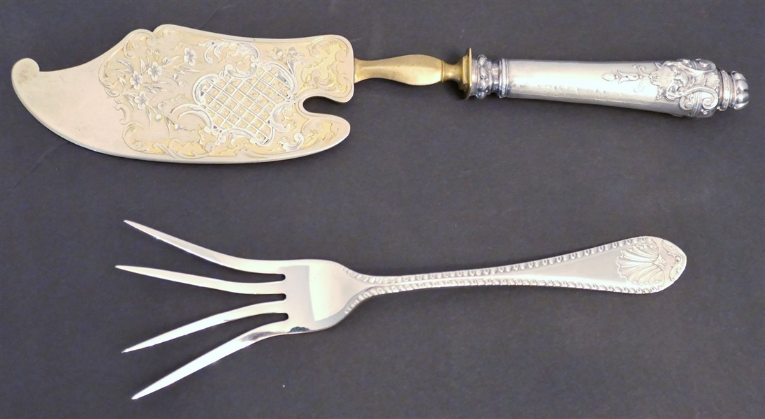 Silver Handled Fish Server with Gold Washed Blade and Nickle Silver Serving Fork with Shell Design - Knife Measures 11 1/4" Long