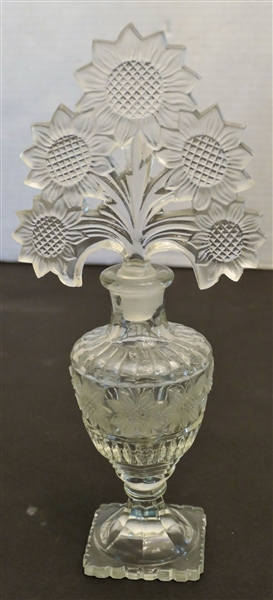 Beautiful Glass Perfume Bottle with Etched / Frosted Sunflower Stopper - Measures 10 1/4" Tall 