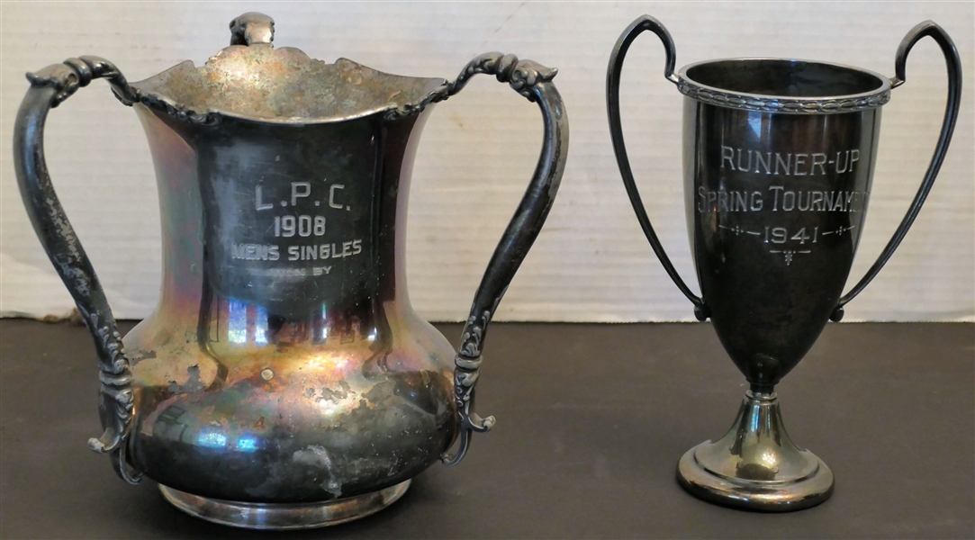 2 Antique Silverplate Trophies - 1908 Reed and Barton Mens Singles Trophy and 1941 Sprint Tournament Trophy - 1908 Trophy Measures 7 1/2" Tall 