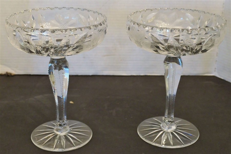 Pair of Matching Cut Glass Oversized Compotes - Measuring 8 1/2" tall 6 1/4" Across