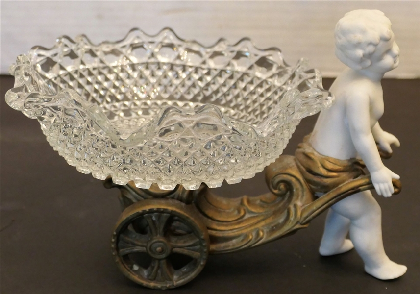Porcelain Cherub Pulling a Cart With Glass Dish - Measures 5 1/2" tall 7" Long