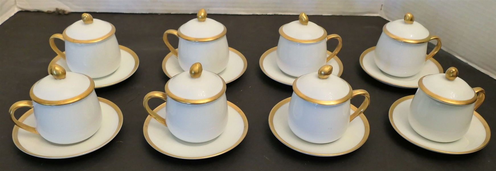 8 Fitz and Floyd Pot De Crème Cup, Lid, and Saucer Sets - White with Gold Trim 