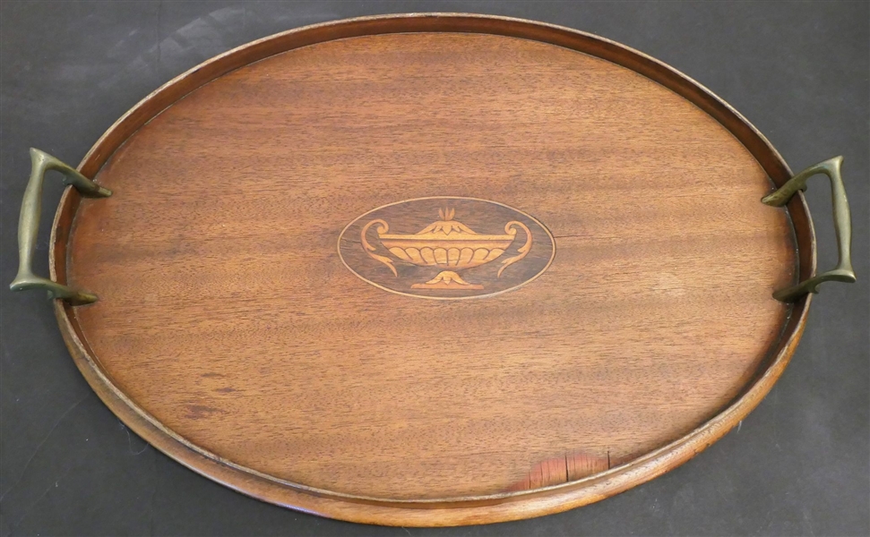 Oval Mahogany Serving Tray with Inlaid Urn - Brass Handles - Measures 17" by 11" 