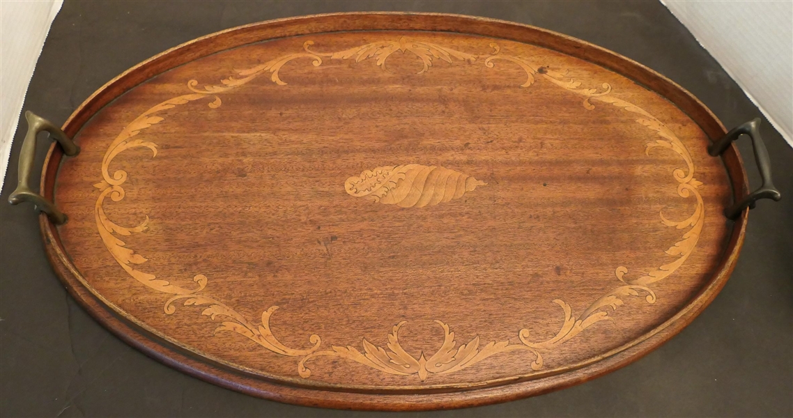 Larger Oval Serving Tray with Inlaid Shell and Scroll -Brass Handles - Measures 23" by 14"