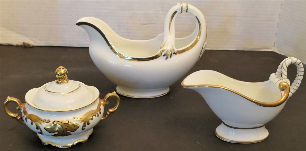 3 Pieces of Gold and White China - French Gravy Boat and Made in Holland Sugar Bowl and Smaller Gravy - French Gravy Measures 6" Tall 7 1/2" Long