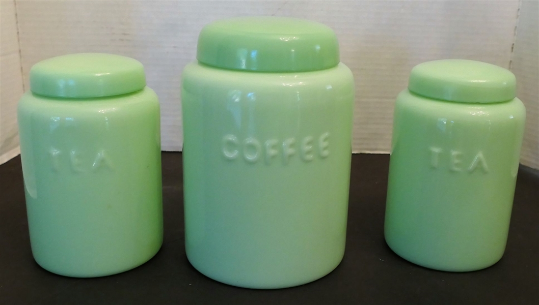 3 Jadeite Canisters - 2 -Tea and 1 Coffee - Coffee Measures 7 1/2" tall Tea Measures 6 1/2" Tall 