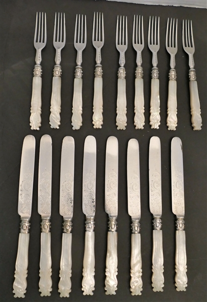 17 - Beautiful Mother of Pearl Forks and Knives - Engraved Blades - 9 Forks and 8 Knives - Forks Measure 7" Long