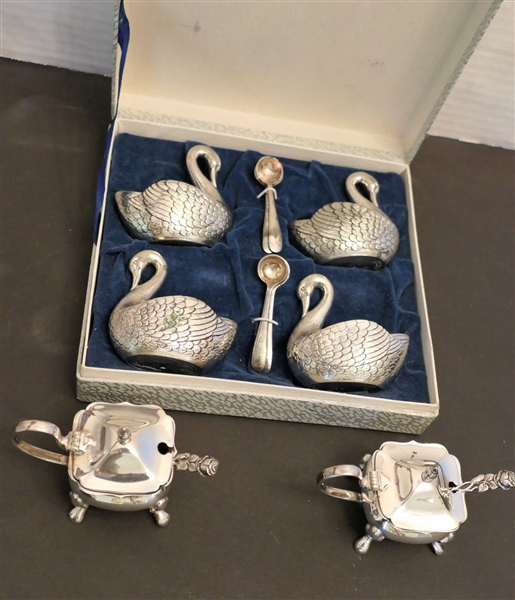 2 - EPNS Salt Cellars with Hinged Lids - Rose Spoons - and Set of 4 Swan Salt Cellars with Glass Inserts and Spoons in Fitted Box - Lidded Cellars Measure 2" Tall 2 3/4" by 1 3/4" 
