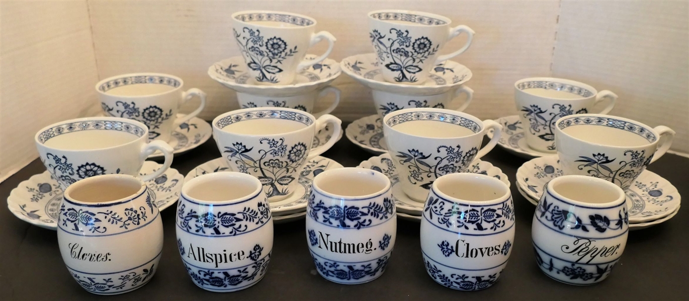 10 J&G Meakin "Blue Nordic" Cup and Saucer Sets - 3 Extra Saucers - and 5 Vintage Blue and White Spice Jars - 2 Cloves, Allspice, Nutmeg, and Pepper -   1 Cup Chipped and 1 Saucer Chipped 