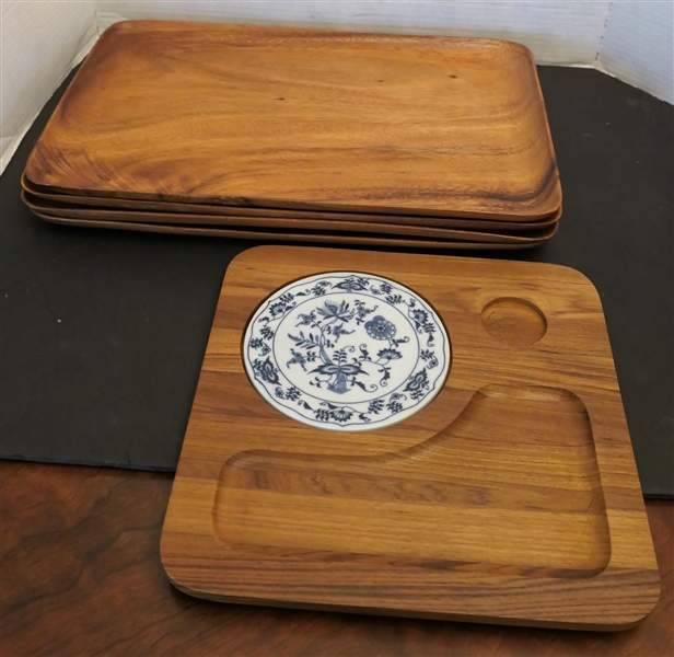 Dolphin Teak Wood Charcuterie Tray with Inset Blue and White Plate and 4 Wood Serving Trays - Charcuterie Tray Measures 12" by 12" 