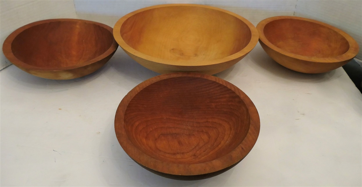 4 Wood Bowls - 3 Tree Spirit and 1 Williamsburg Pottery - Largest Measures 11" Across Smaller 9" Across