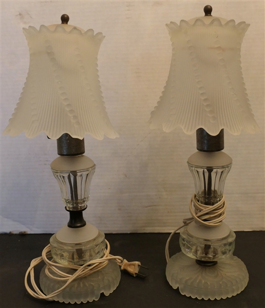 Pair of Satin Glass Boudoir Lamps with Glass Shades Measuring 14" Tall 