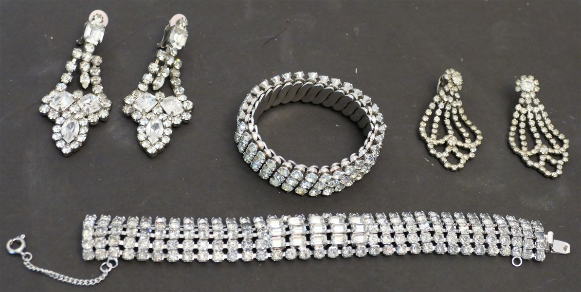 Vintage Rhinestone Earrings and Bracelet - 2 Pairs of Chandelier Earrings and 2 Bracelets
