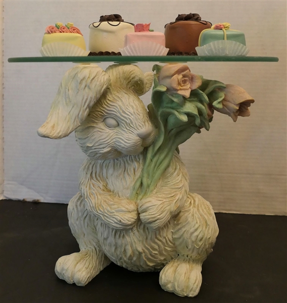 Resin Bunny Rabbit Server with Glass Top and 5 Faux Cakes - Rabbit Server Measures 10 3/4" tall 12" Across