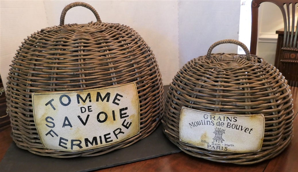 2 Modern French Large Wicker Basket Domes with Metal Tags on Fronts - Largest Basket Measures 21" Tall 20 1/4" Across