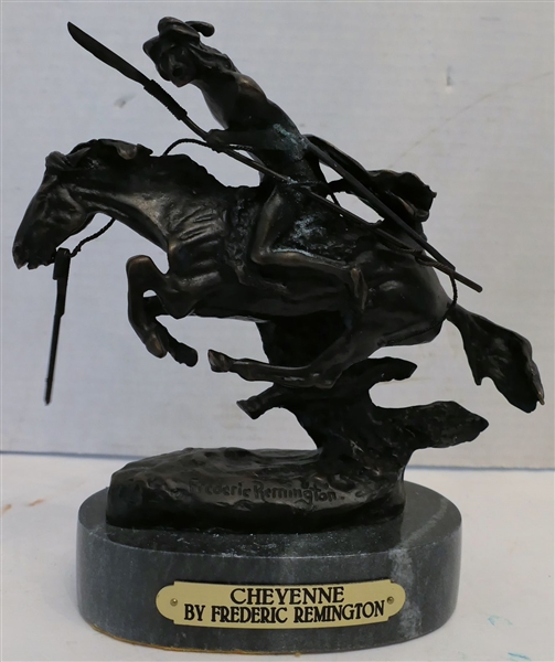 Bronze Replica of "Cheyenne" by Frederic Remington on Green Marble Base - Measures 9" Tall 8" Nose to Tail 