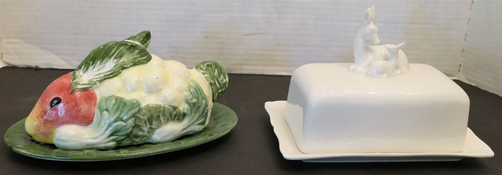 Graces Teaware White Butter Dish with Mother and Baby Deer on Top and Ceramic Vegetable Rabbit Butter Dish 