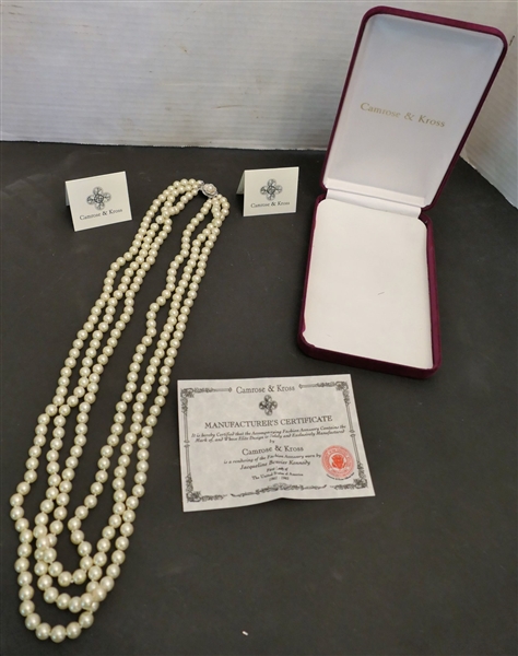 Camrose & Kross 3 Strand Pearl Necklace with Swarovski Crystal Clasp - Official Reproduction of Jacqueline Bouvier Kennedy - In Original Box with Papers, Certificate, and Pouch - Necklace Measures...