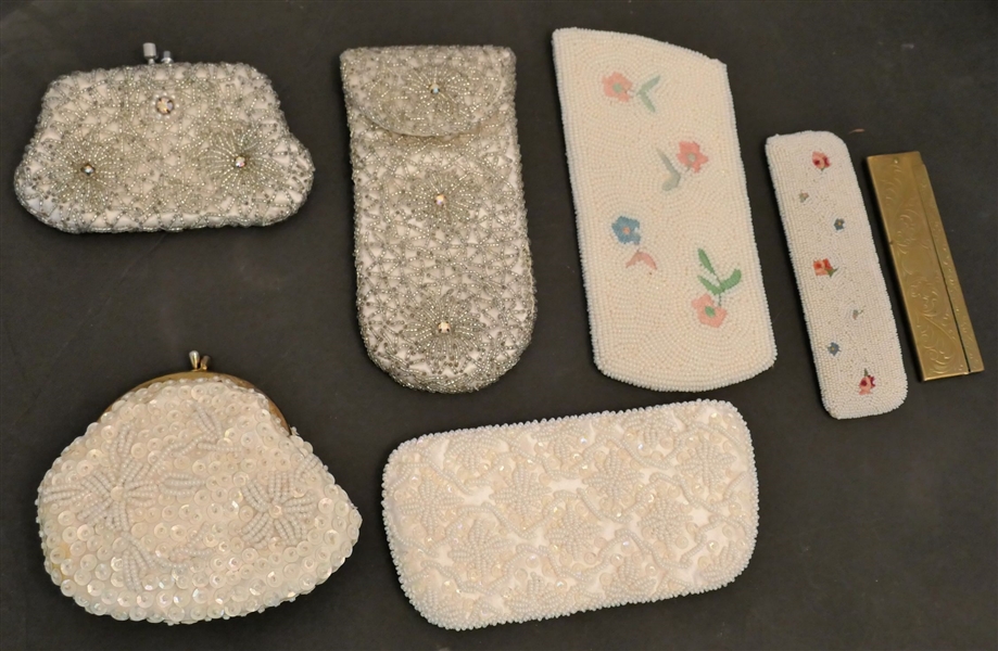 6 Beaded Purses, Pouches, and Comb Case - Floral Beaded Comb Holder Made in France and Floral Beaded Glasses Case Made in Belgium 