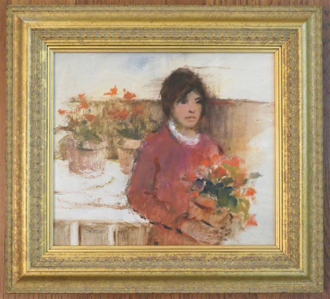 Framed Oil on Board Panting by Helen St. Clair - Boothbay Harbor, ME - Woman with Flowers - Frame Measures 10 1/2" by 11 1/2" 