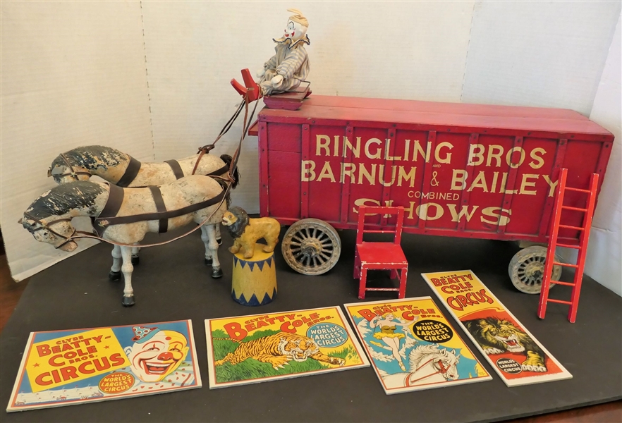 Ringling Bros. Circus Wagon with Matching Pair of Wooden Schoenhut White Horses, Wooden Schoenhut Clown, Wood Schoenhut Ladder, Blue and Yellow Platform, and Red Chair - Wagon is Wood with Metal...