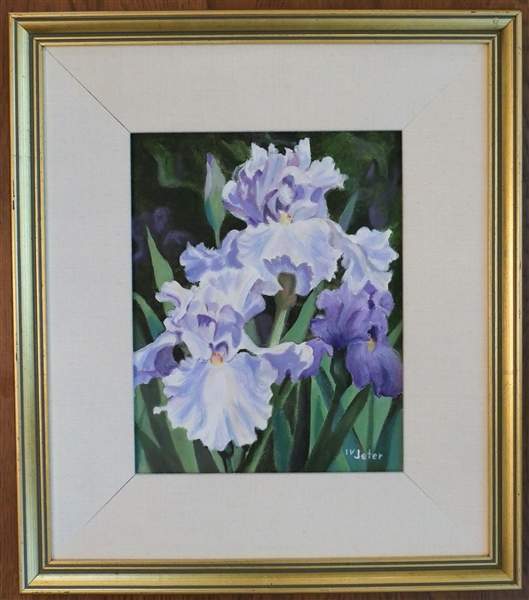 Original IV Jeter Oil on Canvas Painting of Purple Iris Flowers - Framed and Matted - Frame Measures 15 3/4" by 14" 
